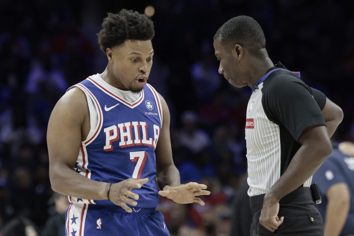 Sixers Kyle Lowry appeals to an official during the Detroit Pistons vs. Philadelphia 76ers NBA game at the Wells Fargo Center in Philadelphia on Wednesday, Oct. 30, 2024. (Elizabeth Robertson)