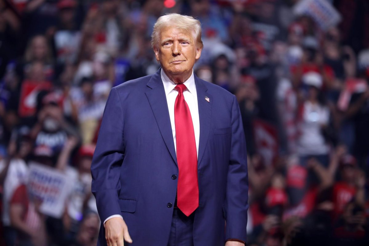 Newly reelected President of the U.S. Donald Trump speaking with attendees at an “Arizona for Trump” rally at Desert Diamond Arena in Glendale, Arizona on Aug. 23, 2024.