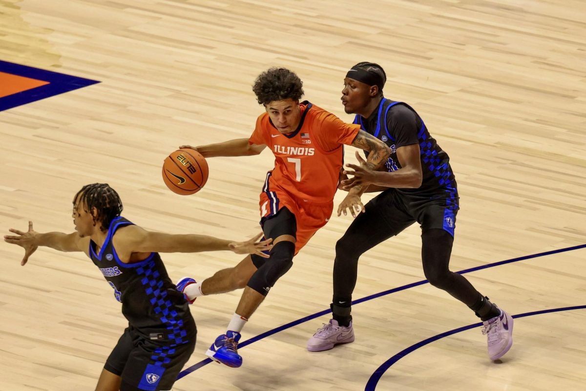 Freshman forward Will Riley drives to the basket against Eastern Illinois on Nov. 4 at the State Farm Center.