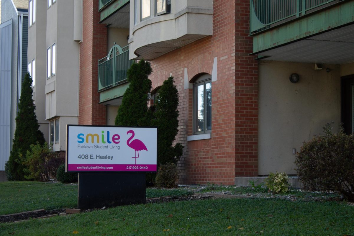 Smile Student Housing sign outside one of their properties at 408 East Healey Street in Champaign.