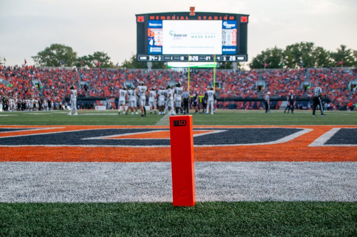 An image of a Big Ten pylon at the North end zone of Memorial Stadium. 