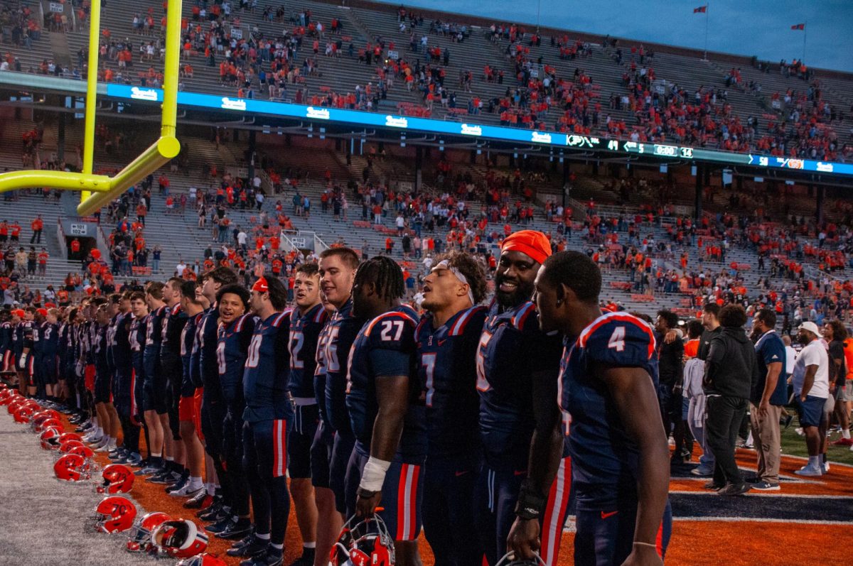 Illinois celebrates in the end zone following an overtime victory against Purdue on Oct. 12.