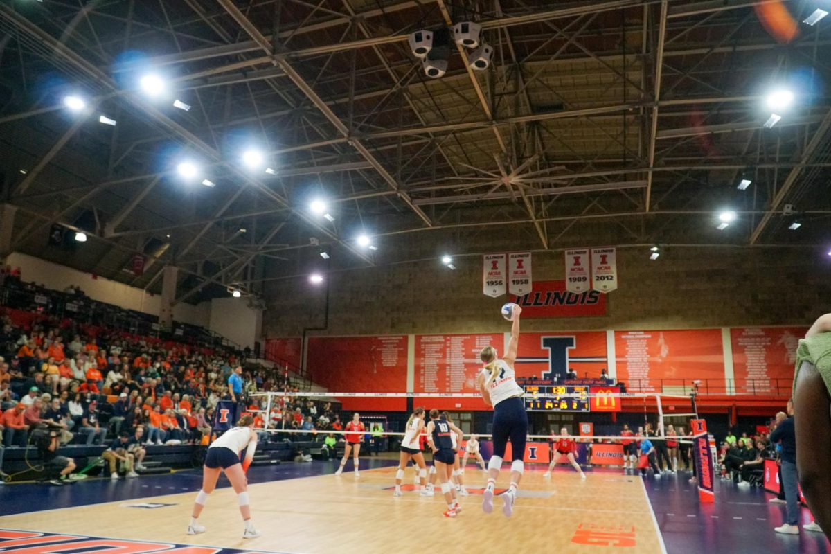 View of Illinois volleyball serving against Ohio State in Huff Hall on Nov. 15, 2023.