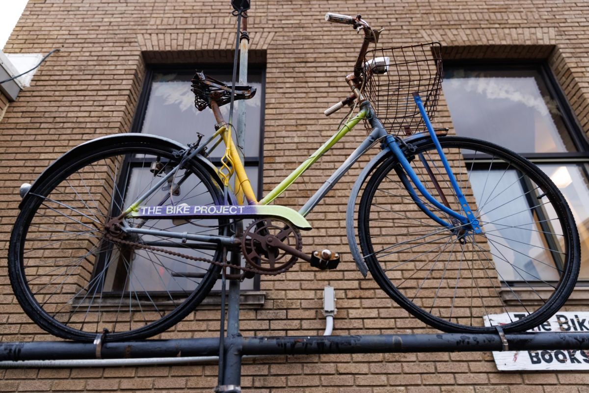 A bike sits on the rail outside the Independent Media Center in Urbana, IL., on Dec. 14, 2024.