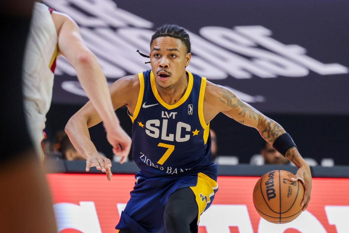 Salt Lake City Stars guard Justin Harmon dribbles the ball against the Cleveland Charge at the 2024 NBA G League Winter Showcase on Dec. 20 in Orlando, Florida.