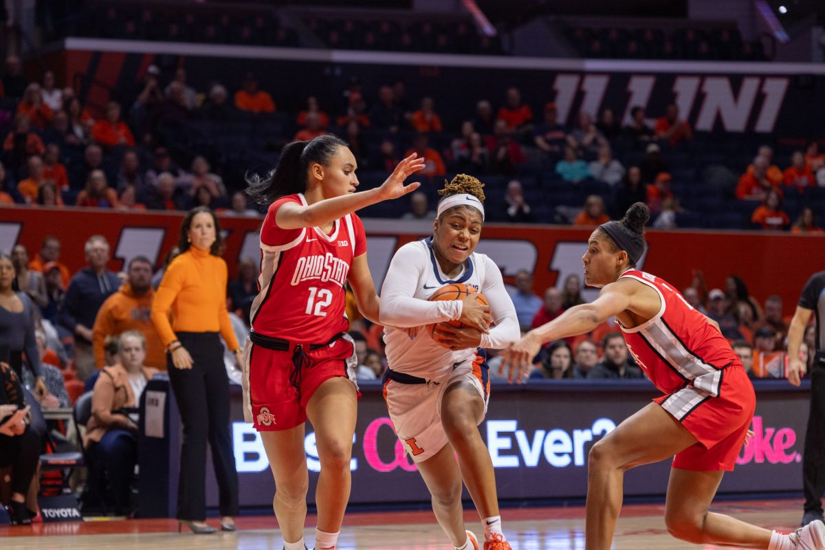 Fifth-year guard Makira Cook is cut off during her drive to the paint against Ohio State on Jan. 25.