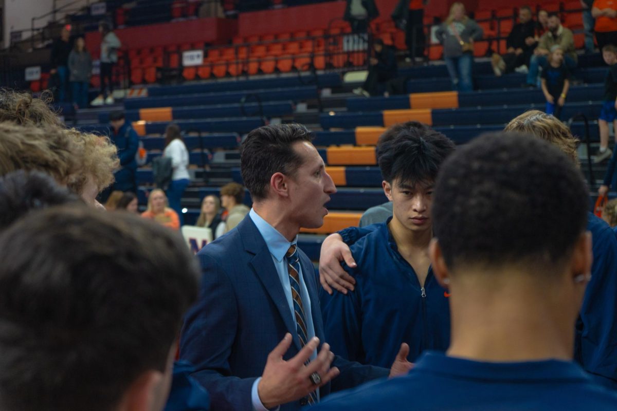 Head coach Daniel Ribeiro talks with his squad after the match against Michigan on Feb. 3, 2024.