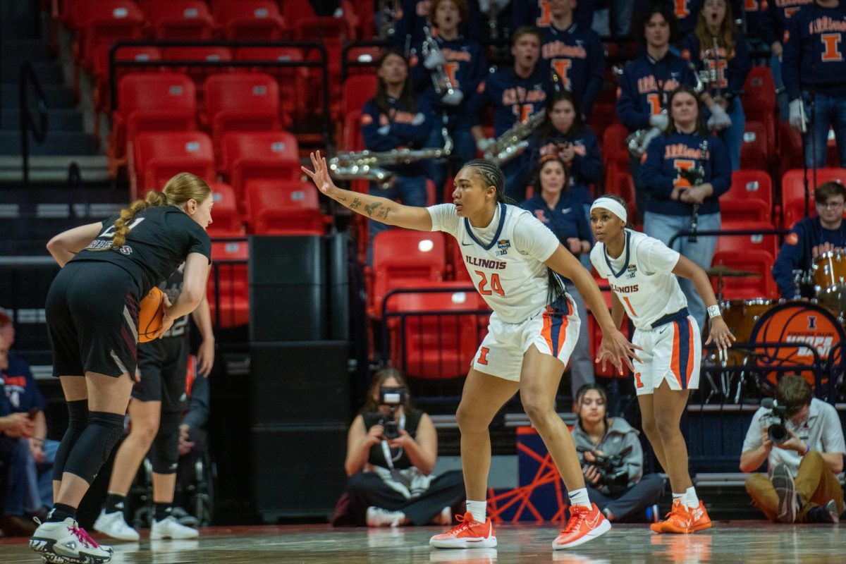 Senior guard Adalia McKenzie and fifth-year guard Genesis Bryant watch the ballhandler on defense against Missouri State in the WBIT on March 21, 2024.