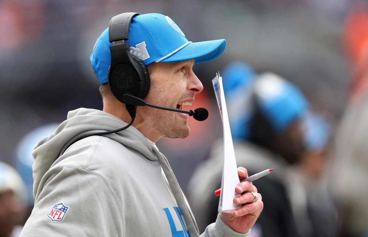 Detroit Lions offensive coordinator Ben Johnson works on the Lions sideline against the Bears at Soldier Field in Chicago on Dec. 22, 2024. (Chris Sweda/Chicago Tribune)