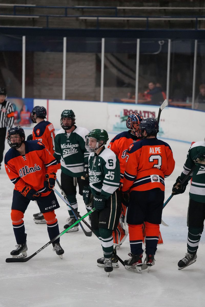 Illinois hockey regroups after a goal during a game against Michigan State on Sept. 20, 2024.