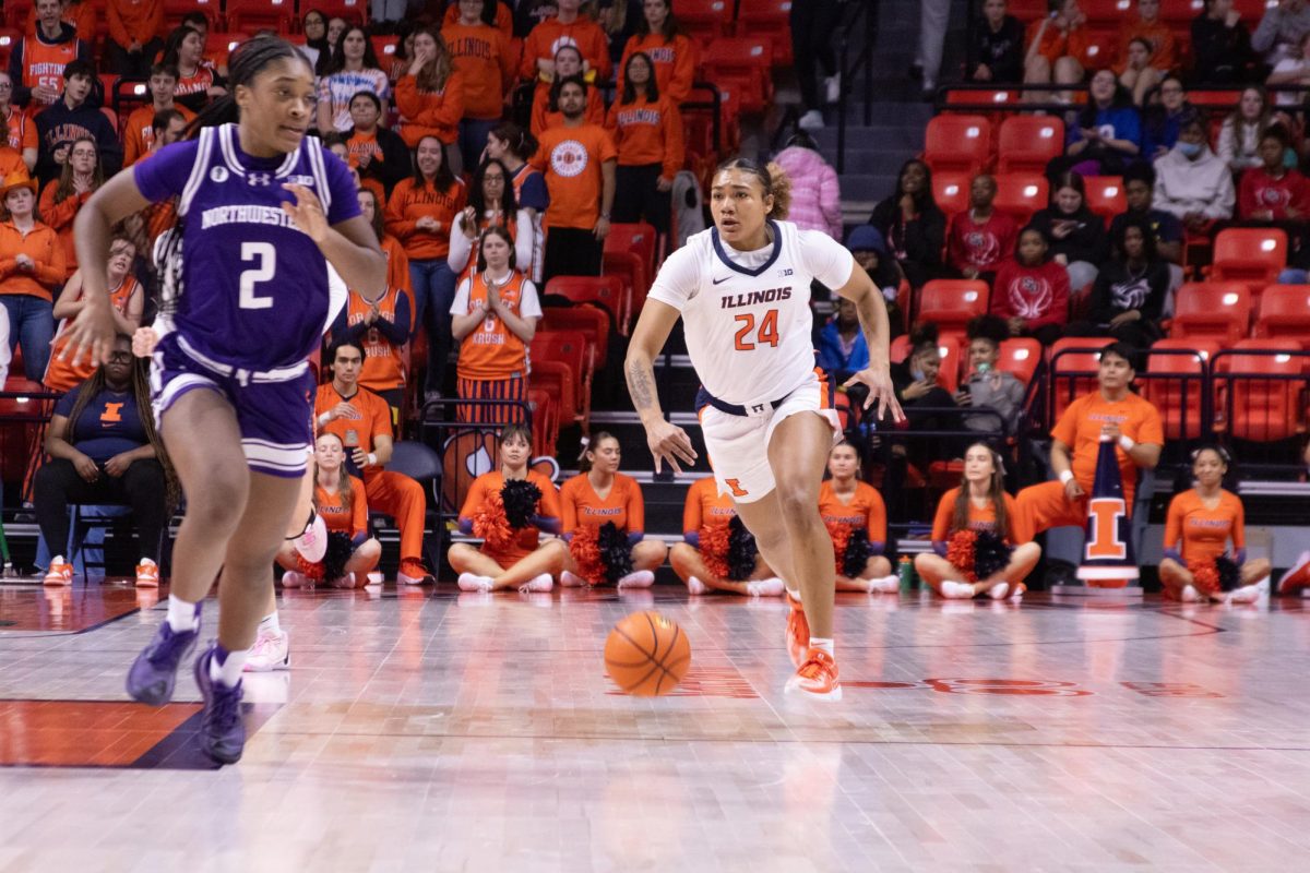 Senior guard Adalia McKenzie dribbles down the court during a game against Northwestern on Feb. 6, 2024. 