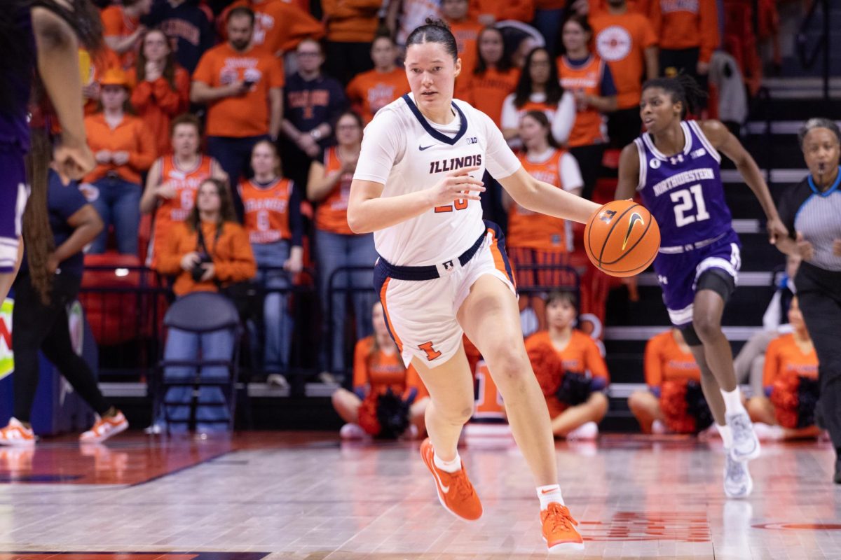 Freshman forward Berry Wallace dribbles the ball down the court during a game against Northwestern on Feb. 6, 2024. 