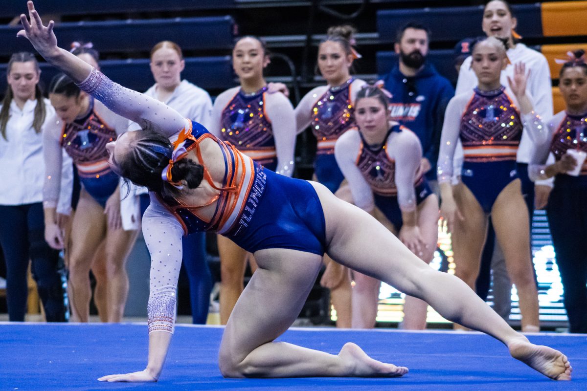 Freshman Chloe Cho performs her floor routine during a meet against Missouri on Feb. 9. Cho won the event with a score of 9.950.