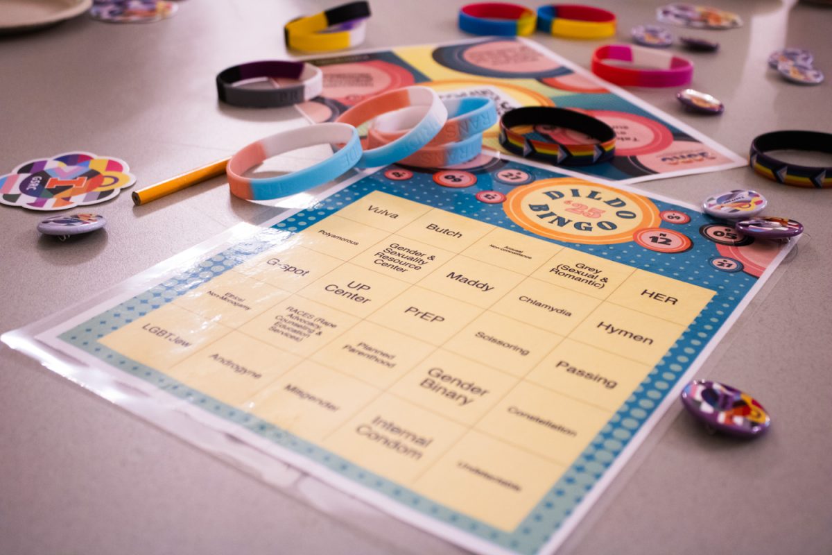 A bingo card for Dildo Bingo, the annual event hosted by the Gender and Sexuality Resource Center. The game highlights LGBTQ history and terminology.