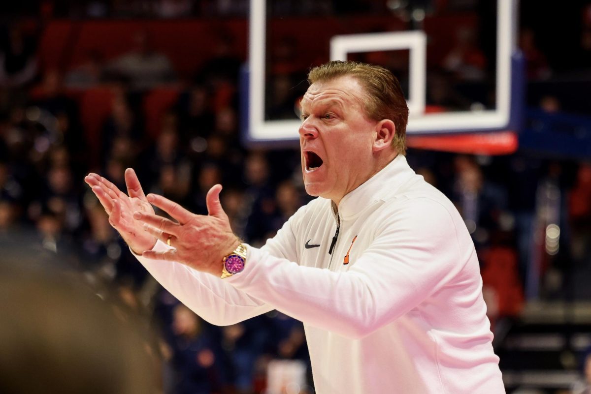Head coach Brad Underwood screams at the referees during a Jan. 23 home loss to Maryland.