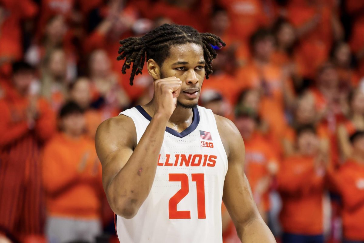 Freshman forward Morez Johnson Jr. pumps his fist in celebration during No. 23 Illinois' win over Ohio State on Feb. 2. Johnson had a 14-point, 15-rebound double-double.