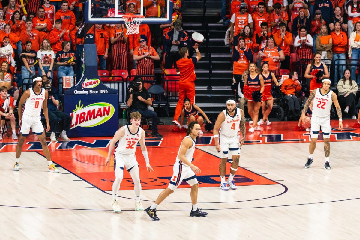 The Illini defending their basket against Maryland at State Farm Center on Jan. 23, 2024.