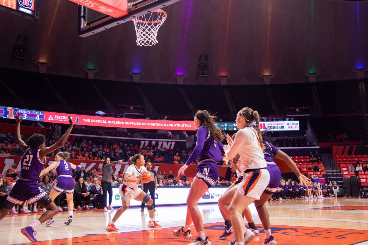 Senior guard Adalia McKenzie prepares to pass in a game against Northwestern on Feb. 8, 2024.