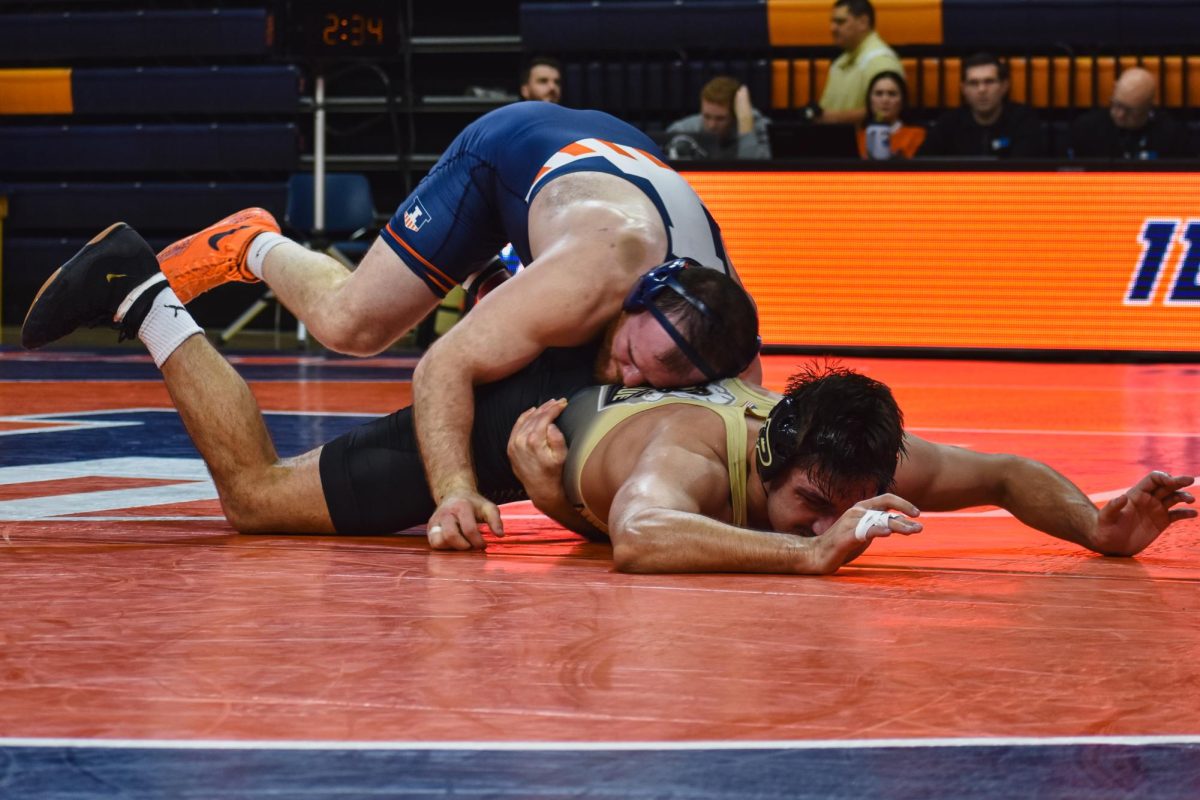 Redshirt senior Zac Braunagel won his dual in a meet against Purdue on Feb. 1.