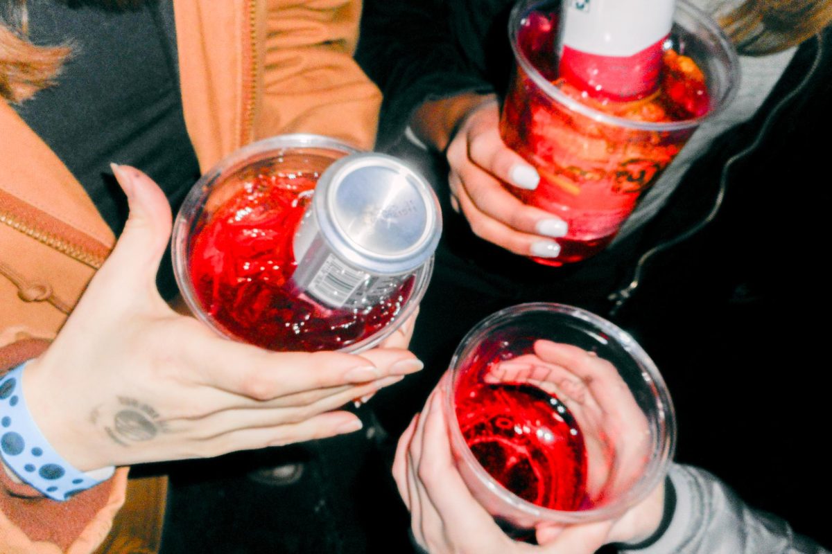Friends salute their F — It Buckets in honor of making it out to happy hour at the Red Lion on Friday, Feb. 14.