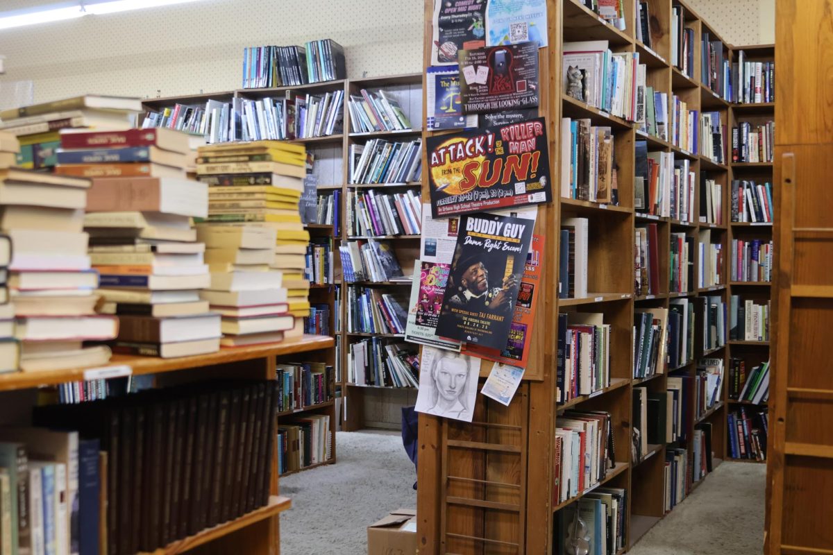 Stacks of books and bulletin board posters fill the aisles of Jane Addams Book Shop in Downtown Champaign, Feb. 15.