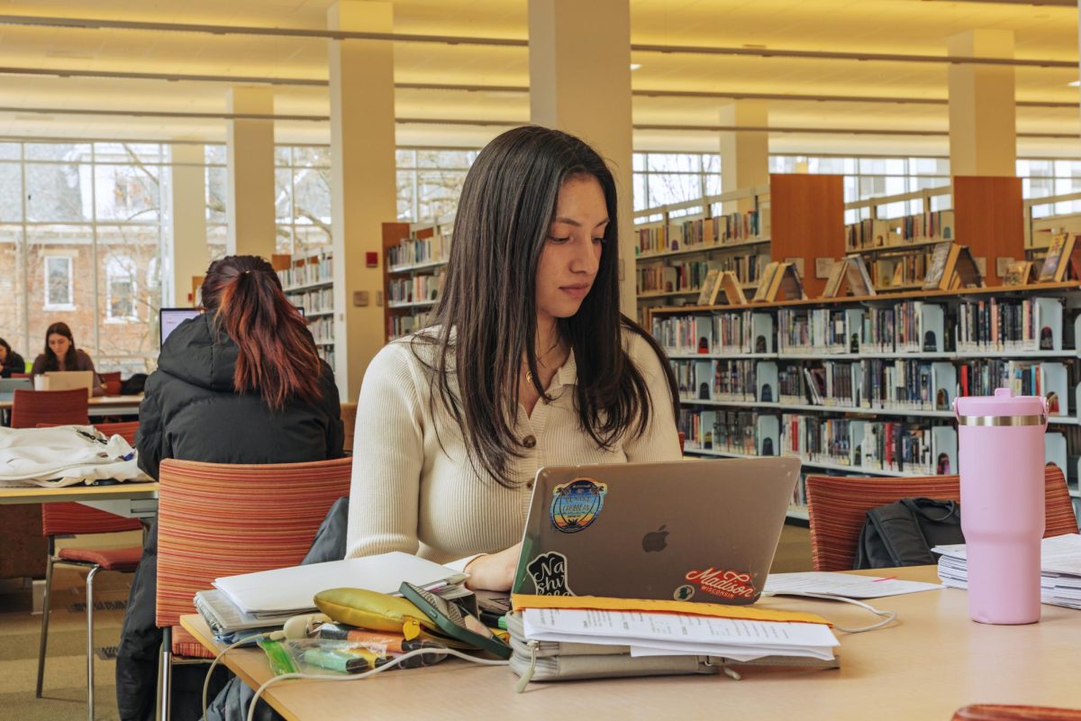 Dianna Ibarra, a fourth year dentistry student, enjoying the Champaign Public Library upstairs study space on Feb. 17. The large windows provide a comfortable and calm atmosphere for visitors.