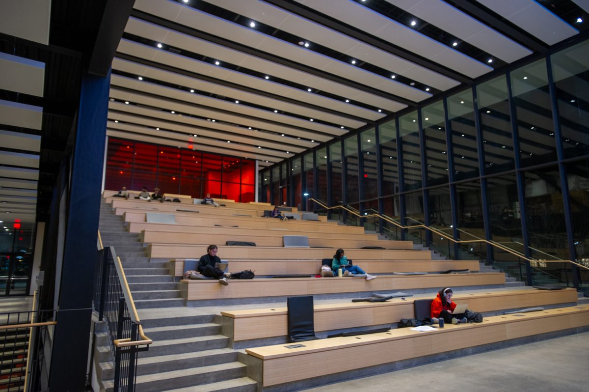 Students prop up pads and stay up late studying on the Campus Instructional Facility staircase on Feb 18.