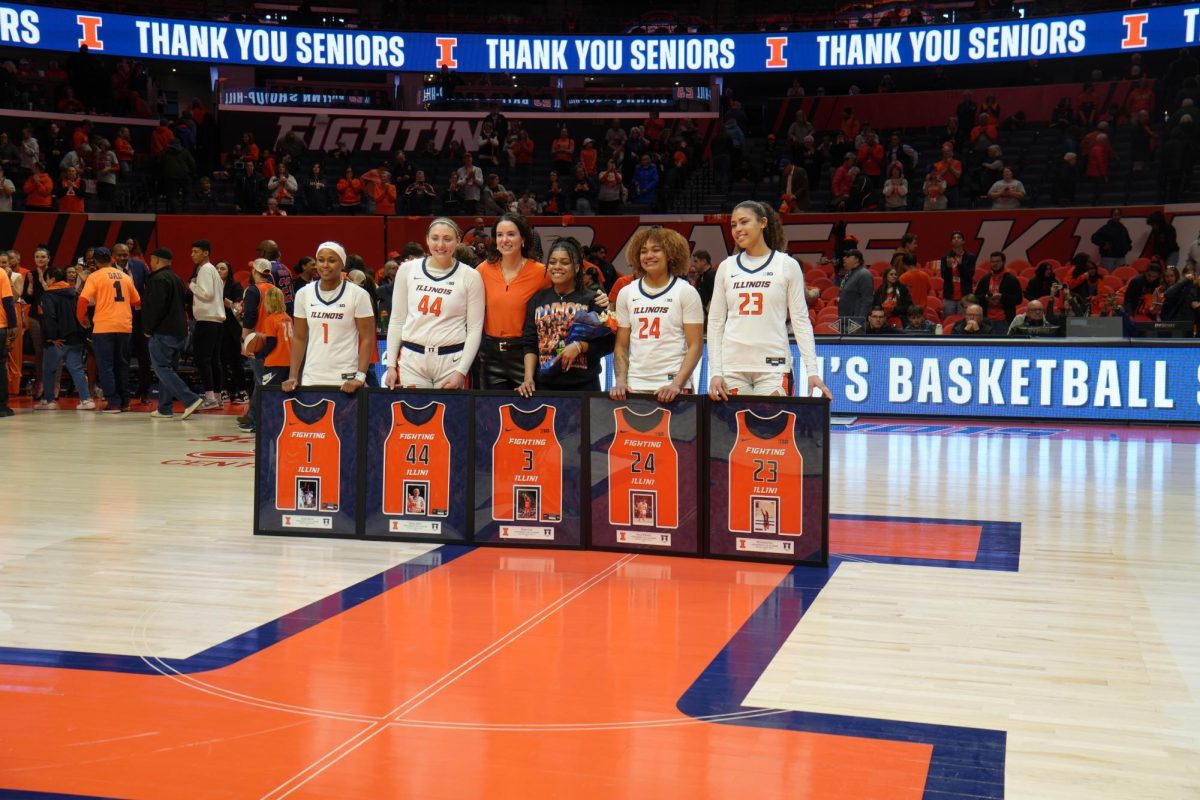 Pictured left to right: fifth-year guard Genesis Bryant, fifth-year forward Kendall Bostic, head coach Shauna Green, fifth-year guard Makira Cook, senior guard Adalia McKenzie and senior forward Brynn Shoup-Hill stand side-by-side after their Senior Day game on March 2, 2025. 