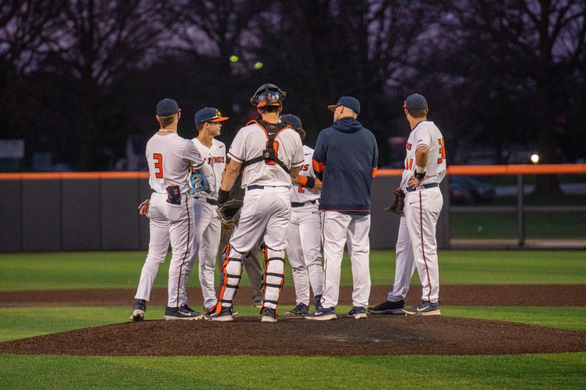 The infield waits for a pitching change during a 10-6 midweek victory over Illinois State on April 9, 2024.