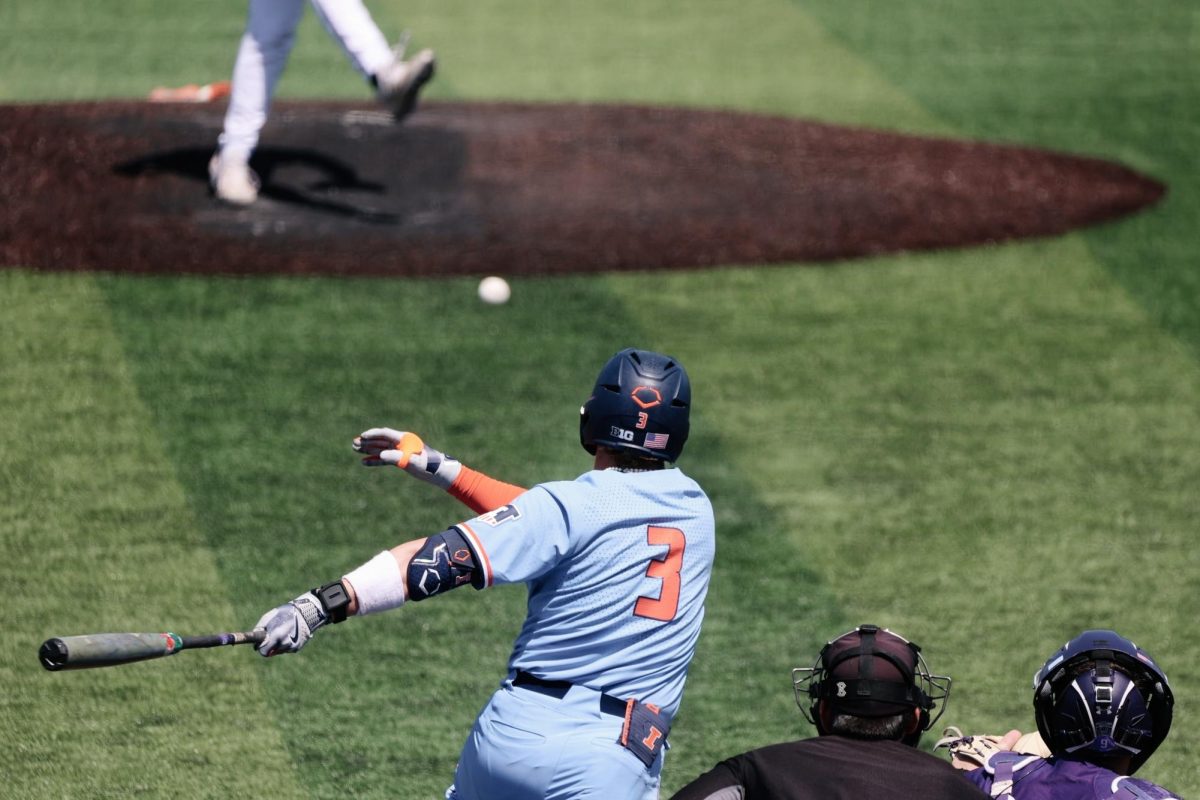 Senior infielder Coltin Quagliano after swinging at the plate during a game against Northwestern on April 21, 2024. 