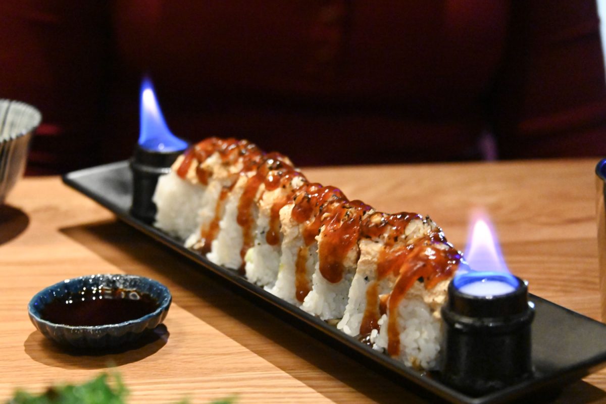 Student enjoys the Vegan VIP rolls for dinner at Sakanaya on Feb. 18.
