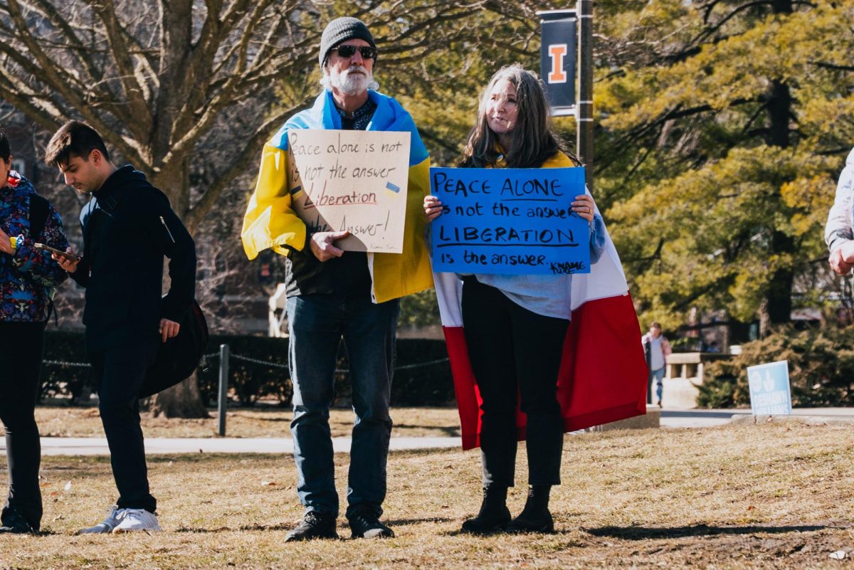 Protestors convene at the Main Quad outside of the Illini Union to rally for Ukraine on Feb. 24.