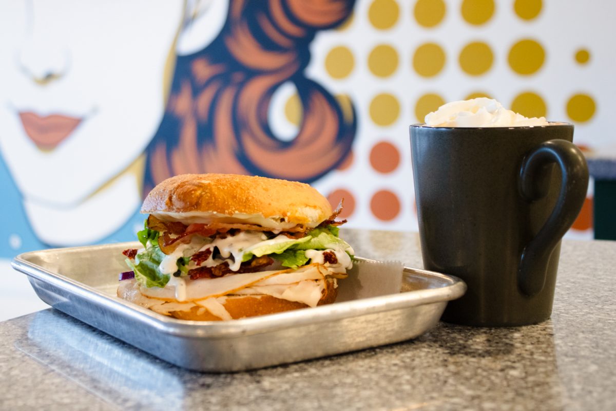 The chicken bacon ranch sandwich and Valentine's Day-themed beverage from Good Judy's Espresso &amp; Bagel Bar at 2740 S. Philo Road in Urbana Feb. 12. The café serves Columbia Street Roastery coffee and other hot drinks as well as house-made bagels and bagel sandwiches.