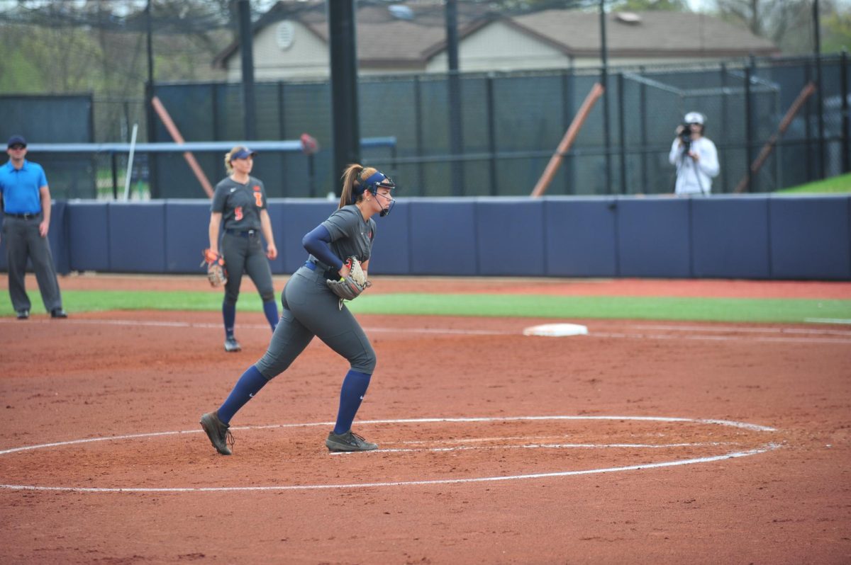 Senior right-handed pitcher Lauren Wiles prepares to wind up a pitch during a game against Ohio State on April 15, 2023. 