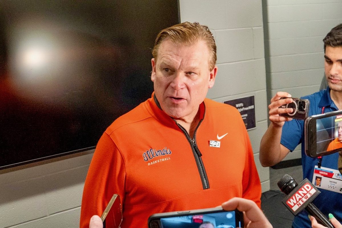 Illinois head coach Brad Underwood speaks to the media in the locker room at Gainbridge Fieldhouse following a Big Ten tournament win over Iowa on March 13.