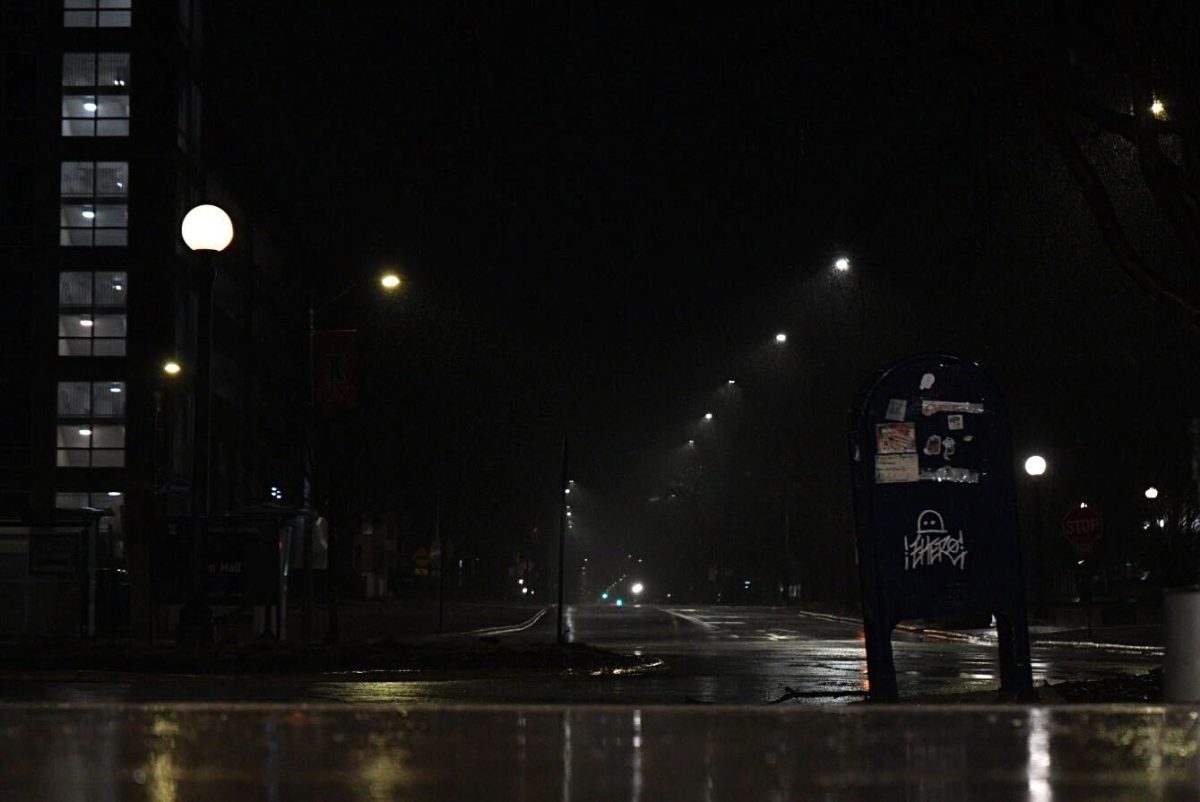 Downpour rain sweeping across campus following a severe weather warning issued on March 14.