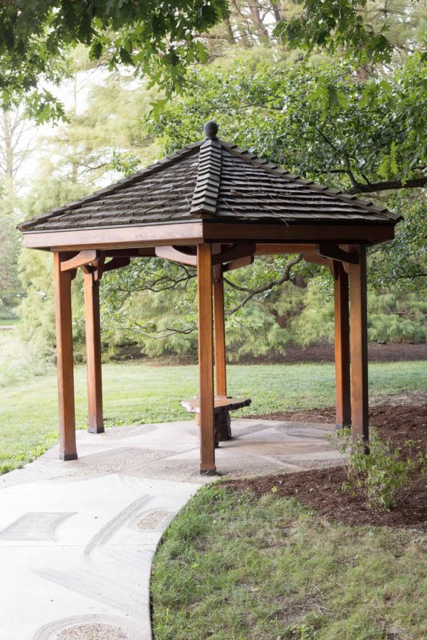 Azumaya, the gazebo designed and built by Nick Offerman, located in the Universityʼs Arboretum. 