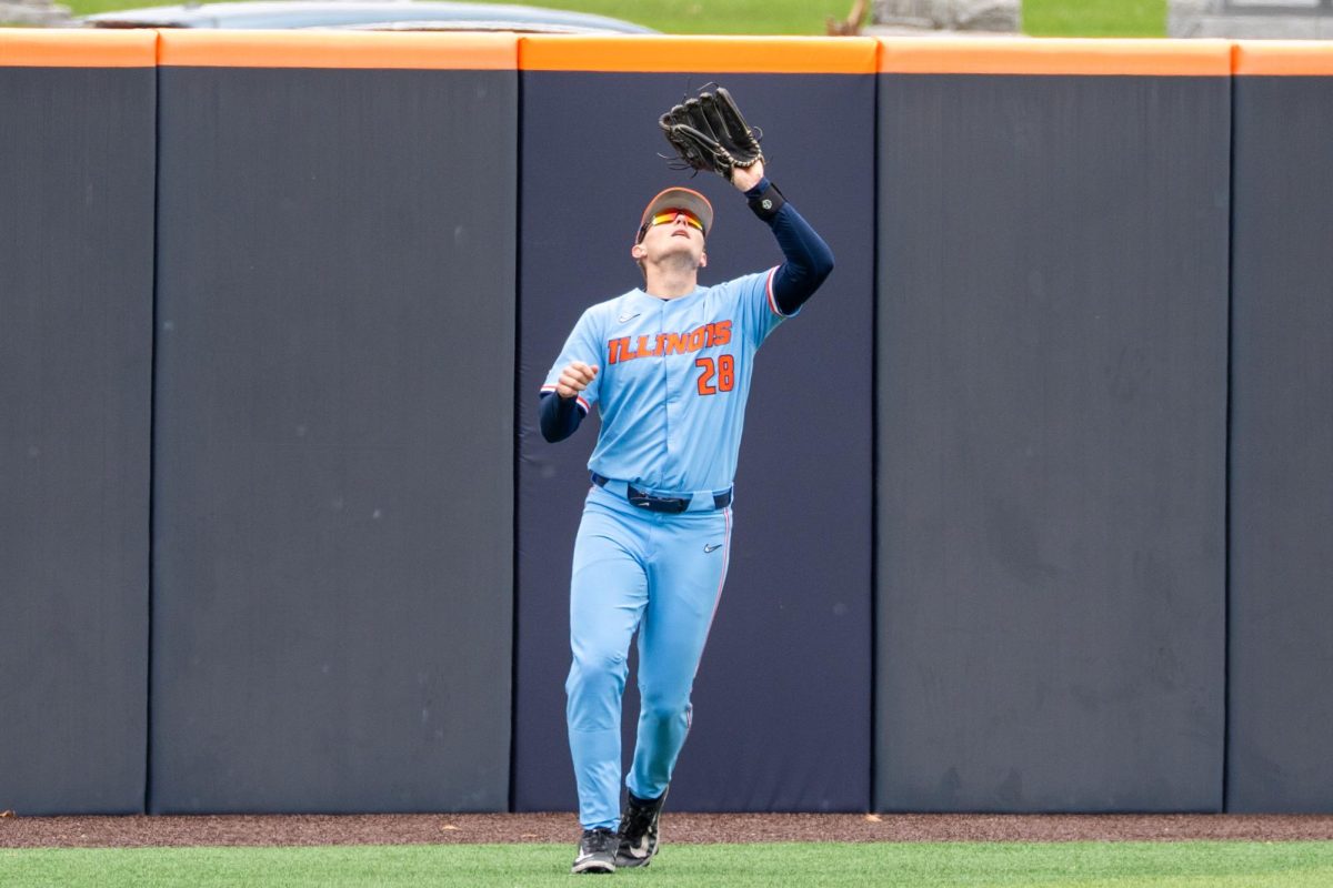 Senior outfielder Vytas Valincius camps under a fly ball against Maryland on April 6. 