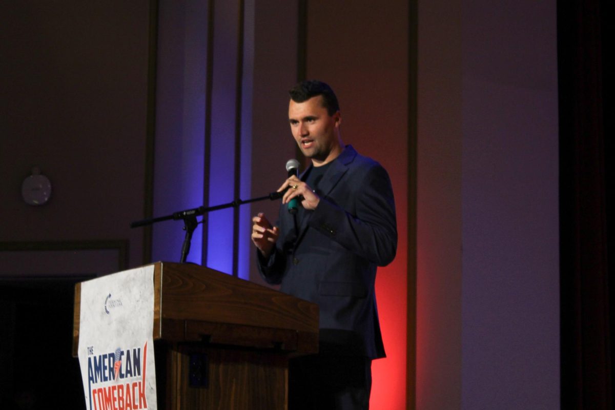 Charlie Kirk makes an introductory speech to The American Comeback Tourʼs stop at the University on April 8.