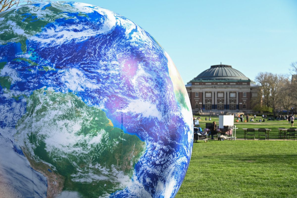 A massive blow-up globe adorns the Main Quad during Sustainapalooza on April 12. 