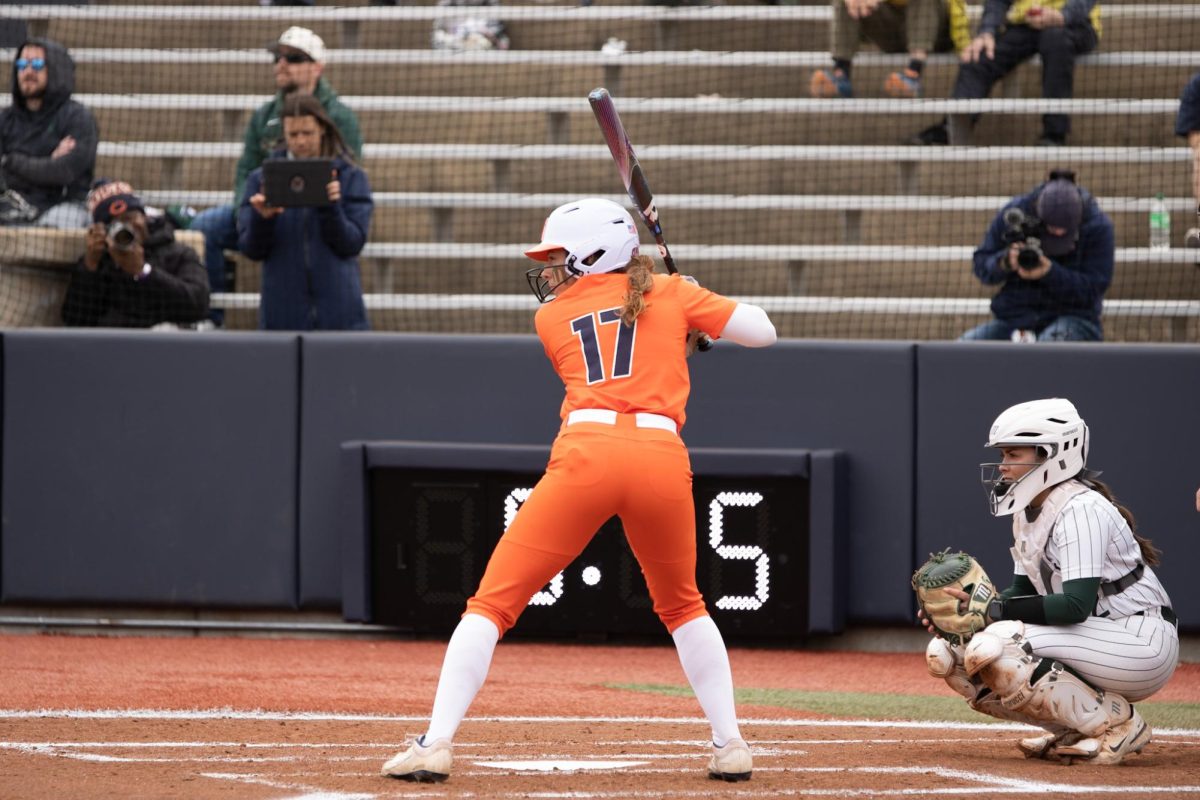 Junior shortstop Lizzie Stiverson stands in the box against the Michigan State Spartans on April 13.