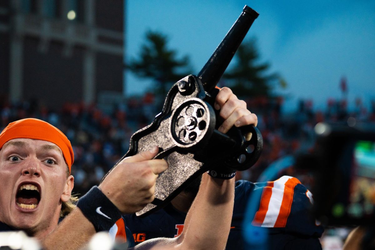 Redshirt freshman Declan Duley is filled with emotion as he lifts the Cannon after the Illinois vs. Purdue game on Oct. 12, 2024.