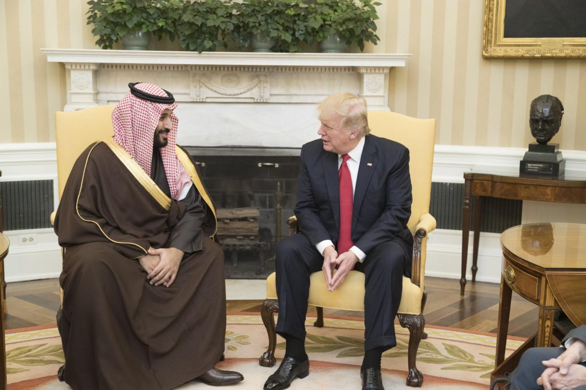 President Donald Trump speaks with Mohammed bin Salman, Crown Prince and Prime Minister of Saudi Arabia, during a meeting on March 14, 2017, in the Oval Office of the White House.