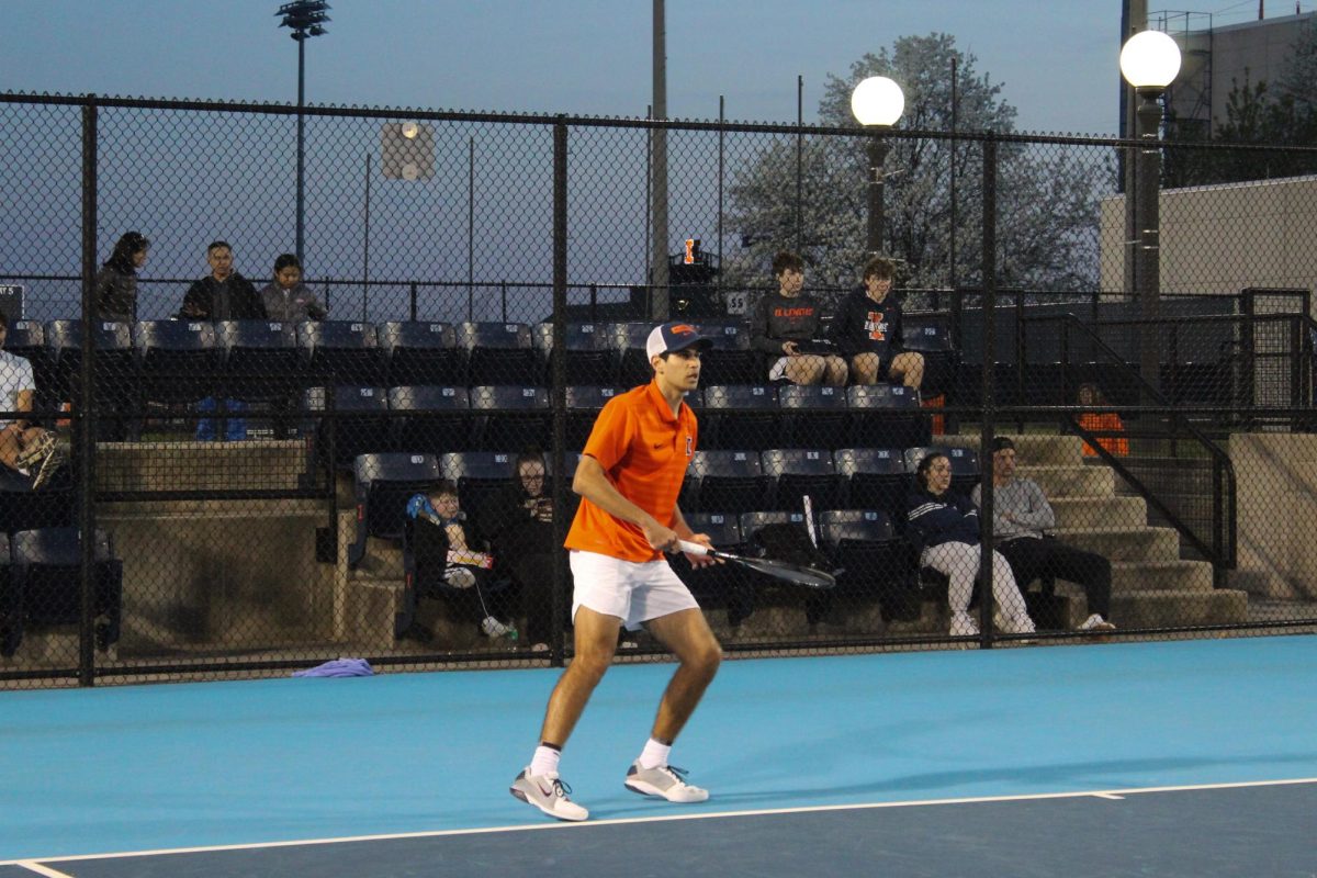 Freshman Zach Viiala prepares to return the ball during a match against Penn State on April 12.