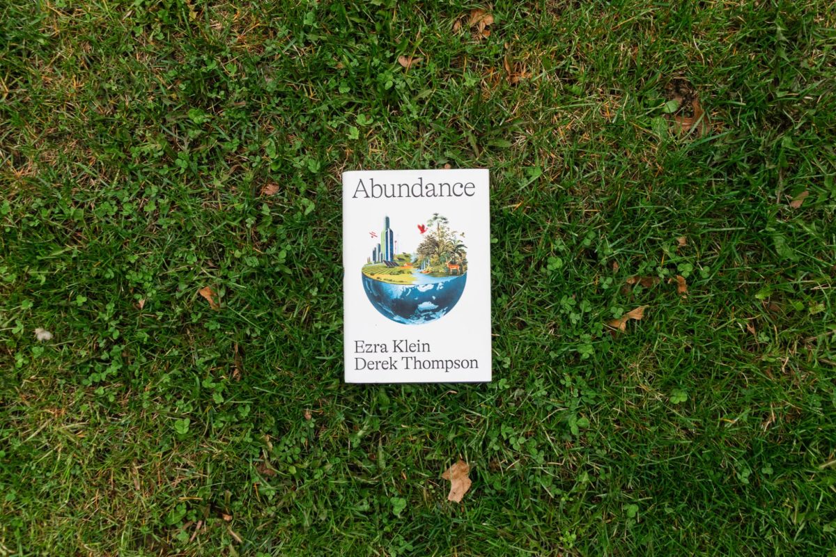 Abundance by Derek Thompson and Ezra Klein sits in a field of grass.
