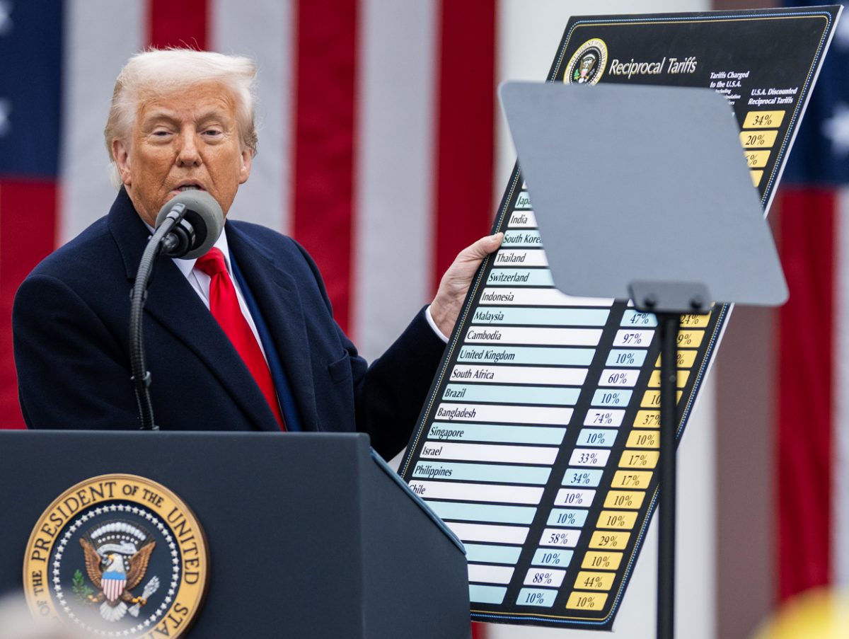President Donald Trump holds a sign listing reciprocal tariffs on other countries at a “Make America Wealthy Again” event on Wednesday.