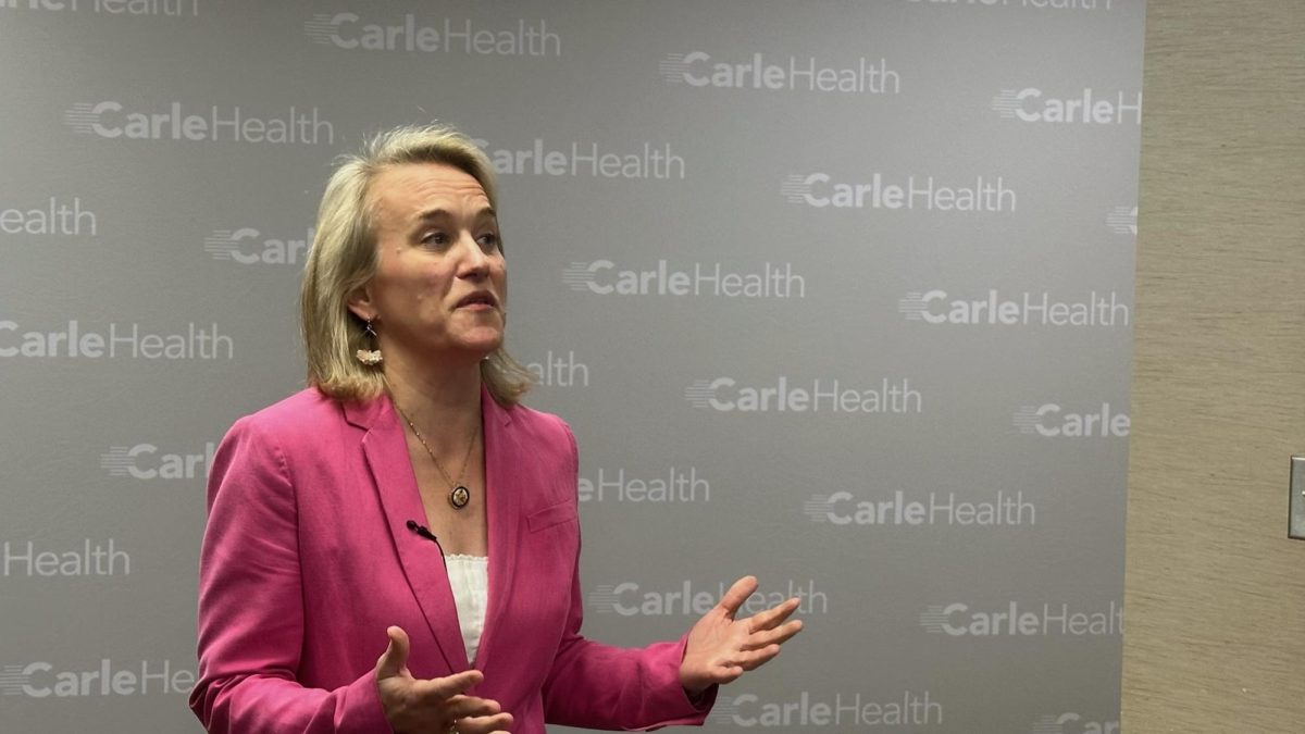 Rep. Nikki Budzinski, D-Ill., discussing proposed cuts to Medicaid after a visit to Carle Foundation Hospital in Urbana on Friday.