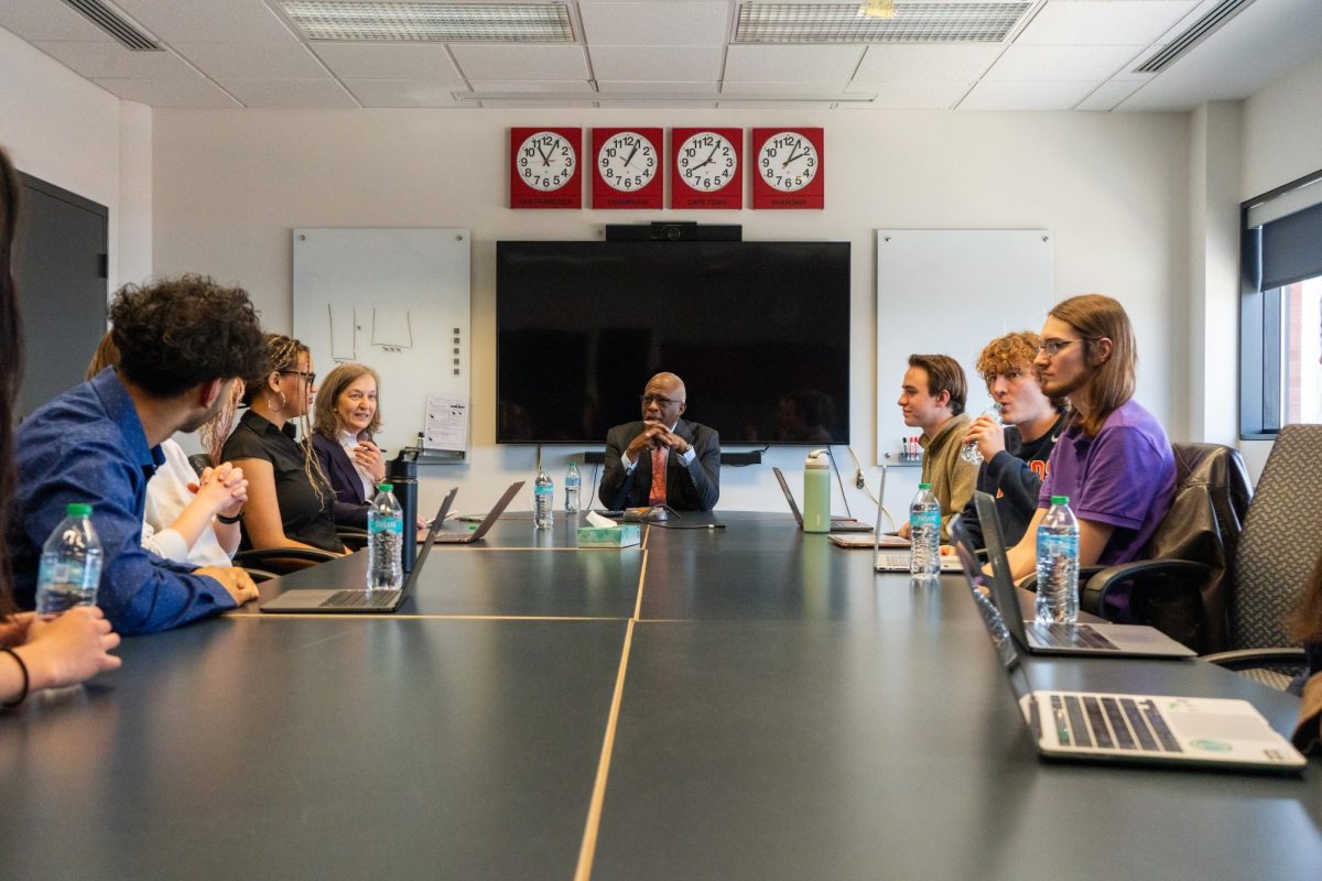 Chancellor Robert Jones and University Spokesperson Robin Kaler speak to The Daily Illini Editorial Board during a roundtable discussion on April 7. Jonesʼ term as Chancellor will end in June. 