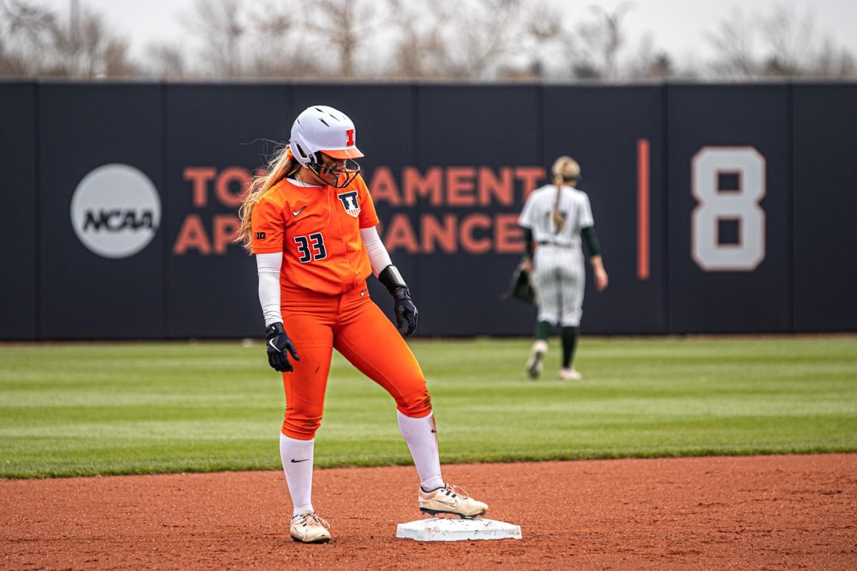 Redshirt sophomore utility player Yazzy Avila stands on second after stealing the base against Michigan State on April 13.