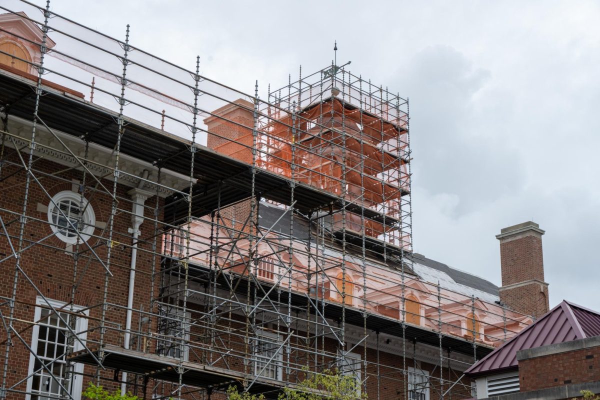 The Illini Union roof is shrouded in scaffolding while under construction as part of a renovation project on Friday, April 25.